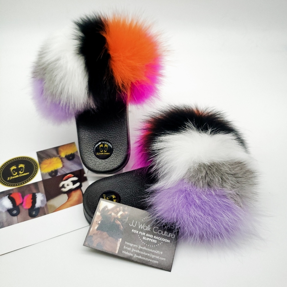 Mini Fur Slides Black/white/orange/lavender
